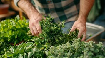 un hombre cuidadosamente seleccionando un haz de recién escogido hierbas a un local gastrónomo agricultores mercado foto