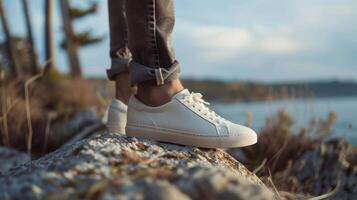 A man confidently wearing a pair of ecoconscious sneakers made from recycled plastic bottles photo