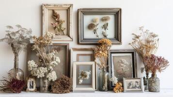 Outdated picture frames have been given new life as chic and eclectic wall art showcasing dried flowers and vintage photos
