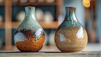 A sidebyside comparison of the same pottery shape one glazed with a traditional formula and the other with a modern experimental one highlighting the evolution of glaze chemistry. photo