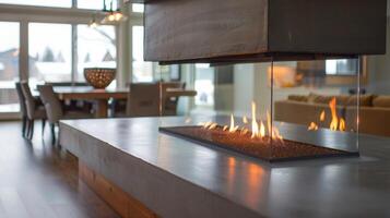 The floating hearth adds a touch of drama to the space creating a sense of sophistication and luxury in the open concept design. 2d flat cartoon photo