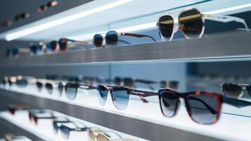 A shelf lined with various designer eyewear frames showcases the diversity and range of styles available in the collection photo