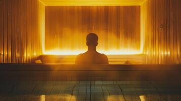 The silhouette of a person in a sauna their body relaxed and their mind focused on the present moment. photo