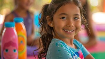 A young girl and her aunt participating in a dance fitness class with colorful exercise mats and water bottles with motivational quotes photo