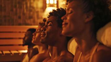 A group of gymgoers sitting in the sauna visibly relaxed and enjoying the soothing heat. photo