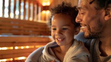 A parent reminding their child to be respectful of others in the sauna and follow etiquette rules. photo