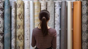 An individual standing in front of a display of different types of wallpaper trying to choose the perfect pattern and color combination for their bedroom accent wall photo