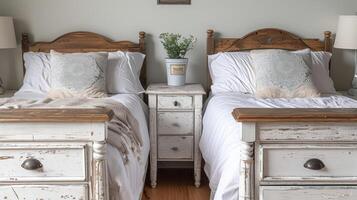 A pair of old wooden nightstands once mismatched and worn are now a cohesive set with a fresh coat of white paint and new hardware photo