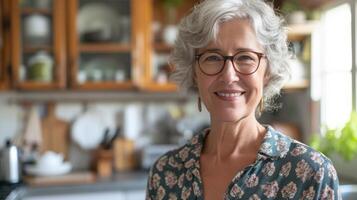 A retiree stands in their newly downsized kitchen smiling as they admire the neatly organized cabinets and drawers filled with carefully selected items for their new phas photo