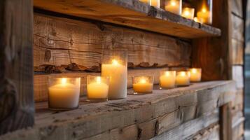 In a rustic cabin alcoves built into the wooden walls hold candles of various sizes creating a rustic and romantic atmosphere. 2d flat cartoon photo