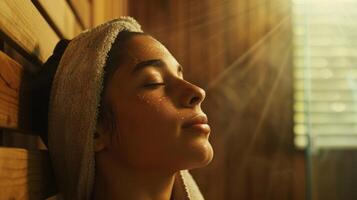 A person sitting alone in the sauna eyes closed and looking relaxed with a hand towel dd over their head. photo