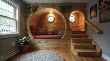 A cozy builtin playhouse nestled in the corner of a room complete with a slide and secret hideaway spots photo