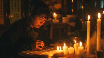 el calentar ligero de el velas reflejando apagado el artistas cara destacando su intenso concentración. 2d plano dibujos animados foto