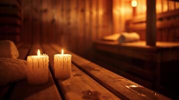 The soft glow of candlelight casting a calming ambiance in the sauna room. photo