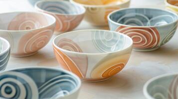 A set of matching ceramic bowls with a handdrawn pattern of overlapping circles in pastel hues. photo