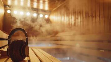 Steam rises in the sauna as a person sits on a bench headphones in listening to a soothing voice guiding them to relax their muscles and mind. photo