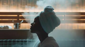 A person sitting in the sauna with a cloth dd over their face allowing the steam to open their pores as they relax and detoxify. photo