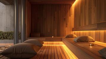 el saunas natural madera calentar Encendiendo y suave cojines creando un higge atmósfera haciendo eso el Perfecto sitio a escapar el frío y relajarse. foto