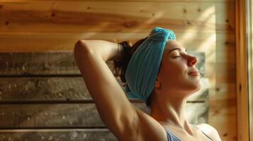 A person stretching in the sauna taking advantage of the heat to increase flexibility and reduce stiffness in their joints affected by osteoarthritis. photo