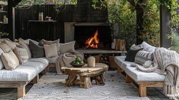 Soft cushions and throws adorn the outdoor seating perfect for snuggling up by the fire. 2d flat cartoon photo