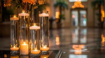 The cascading effect of the glassencased candle columns adds visual interest and dimension to the room. 2d flat cartoon photo