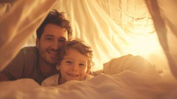 A father helps his child build a fort allowing them to take creative lead while offering gentle guidance and support photo