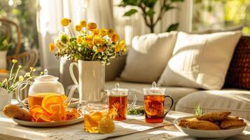 un desayuno tardío reunión en un brillante y aireado vivo habitación con un variedad de hecho en casa sabroso caliente tés me gusta manzanilla y agrios jengibre foto