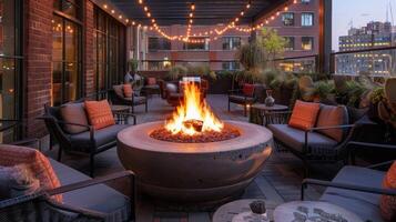 The rooftop fire pit provides a cozy respite from the hustle and bustle of the city below. 2d flat cartoon photo