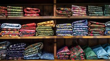 A shelf overflowing with colorful bandanas ranging from classic paisley to bold patterns photo