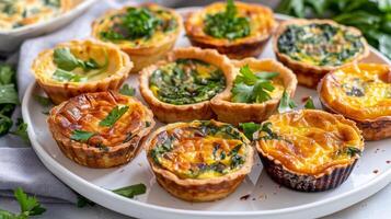 un plato de tamaño bocado quiches y sabroso tartas Perfecto para emparejamiento con un no alcohólico aperitivo y recordativo de clásico francés cocina foto