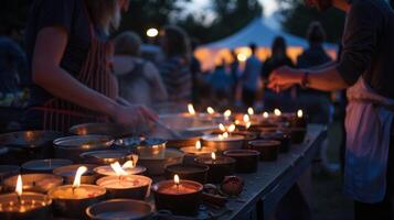 The glow of the candles gave a warm and welcoming atmosphere to the outdoor cooking competition drawing in curious spectators. 2d flat cartoon photo