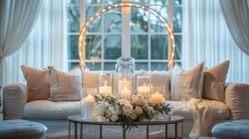 A large circular candle display serves as a stunning focal point in the center of the room adding a touch of drama to the space. 2d flat cartoon photo