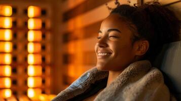 A smiling employee unwinding in an infrared sauna at their workplaces wellness program facility. photo