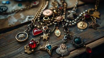 A photo of an antique charm necklace with various charms representing different milestones and memories
