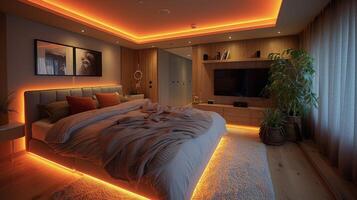 An overhead view of a bedroom with LED strip lights integrated into the ceiling controlled by a smart device adding a modern and customizable touch to the rooms ambiance photo