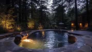 The pools surface glistens in the firelight creating a mesmerizing sight. 2d flat cartoon photo