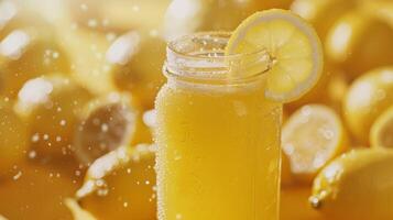 A glass jar filled with freshly squeezed lemon juice a key ingredient in the partys cleansing smoothies photo