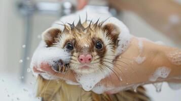 A curious ferret trying out different scented shampoos as its attentive owner helps give it a sudsy bath photo