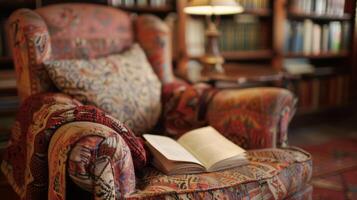 A handwritten note propped up on the armchair recommending the perfect book to get lost in photo