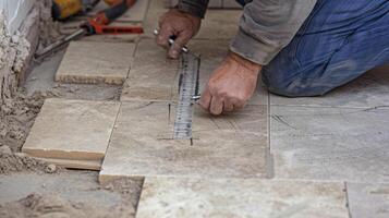 A homeowner marking out a pattern for their new tile flooring measuring and ting each piece before laying them down photo