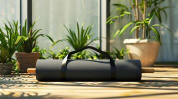 Blank mockup of a travelfriendly foldable yoga mat with a carrying handle. photo