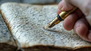 With each stroke of the pen the writers hand moves with precision and grace creating a cohesive and elegant script on the journals ivory pages photo