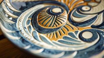 A handpainted ceramic plate with a layered design of swirling patterns showcasing the artists precision and skill. photo