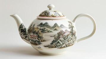 A porcelain teapot adorned with a detailed underglaze painting of a Chinese landscape complete with mountains and a bustling village. photo