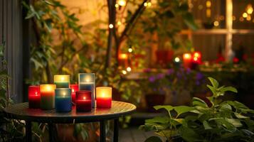 In the corner of the patio a small table is adorned with a variety of colorful candles adding a touch of ambiance to the scene. 2d flat cartoon photo