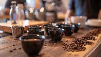 un café utilización de tazas sesión con pequeño grupos saboreo y evaluando diferente mezclas con notas y calificaciones a ayuda refinar el final producto foto