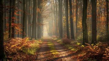 un amable brisa susurros mediante el arboles que lleva con eso el terroso olor de el bosque foto