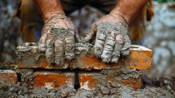 Powerful hands gently pressing bricks into place building a solid foundation for a new structure photo