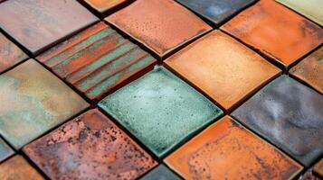 A series of ceramic tiles each one showcasing a different custom blend of clay that varies in texture color and finish. photo
