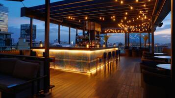 The rooftop bar offers stunning views of the city lights creating a magical atmosphere for a night out. 2d flat cartoon photo